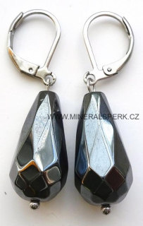 Elegantní náušnice z broušeného minerálu hematit - kapka